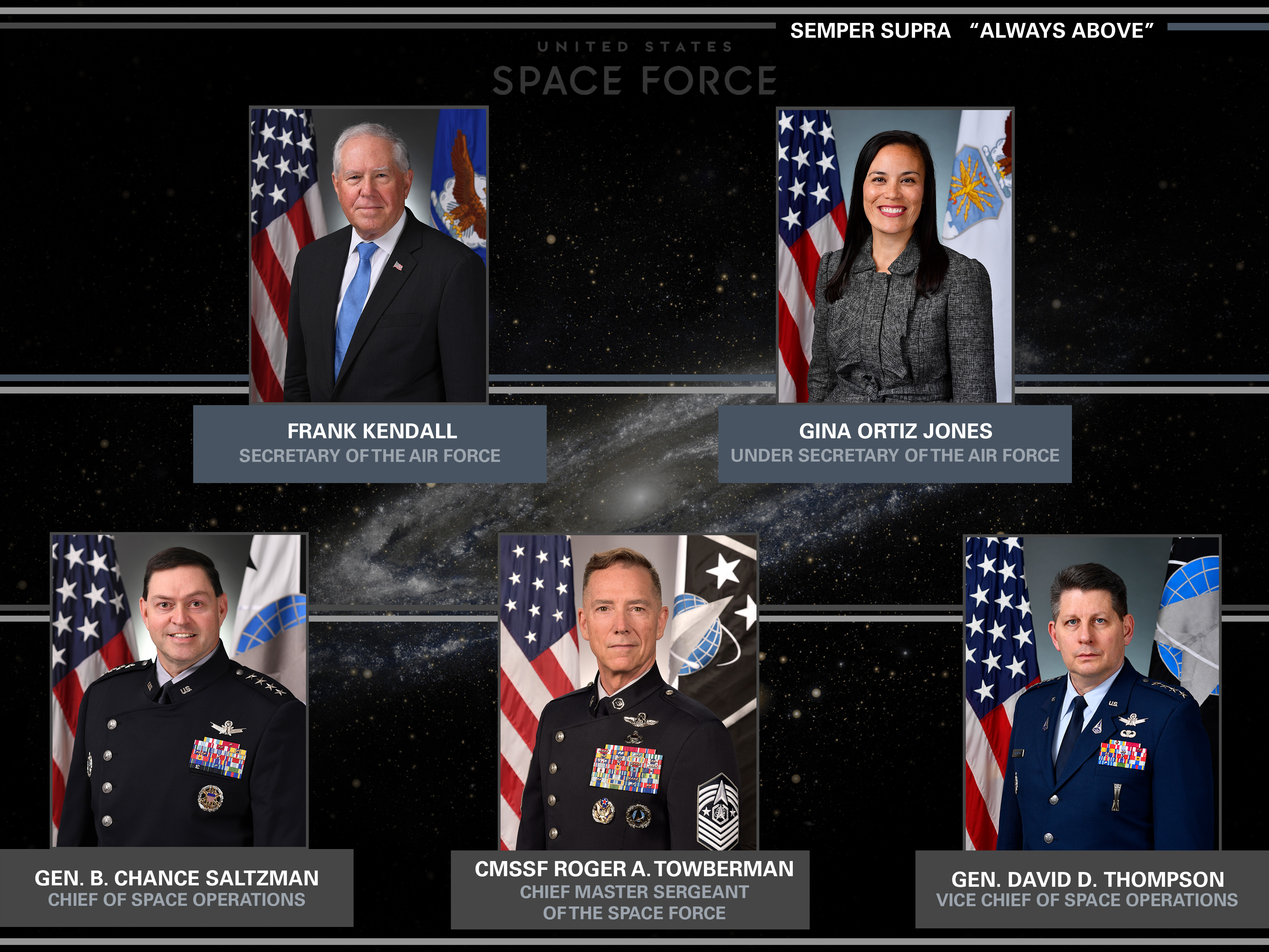 A graphic depicting the top three Space Force military leaders and emblem of Office of the Secretary, US Air Force
