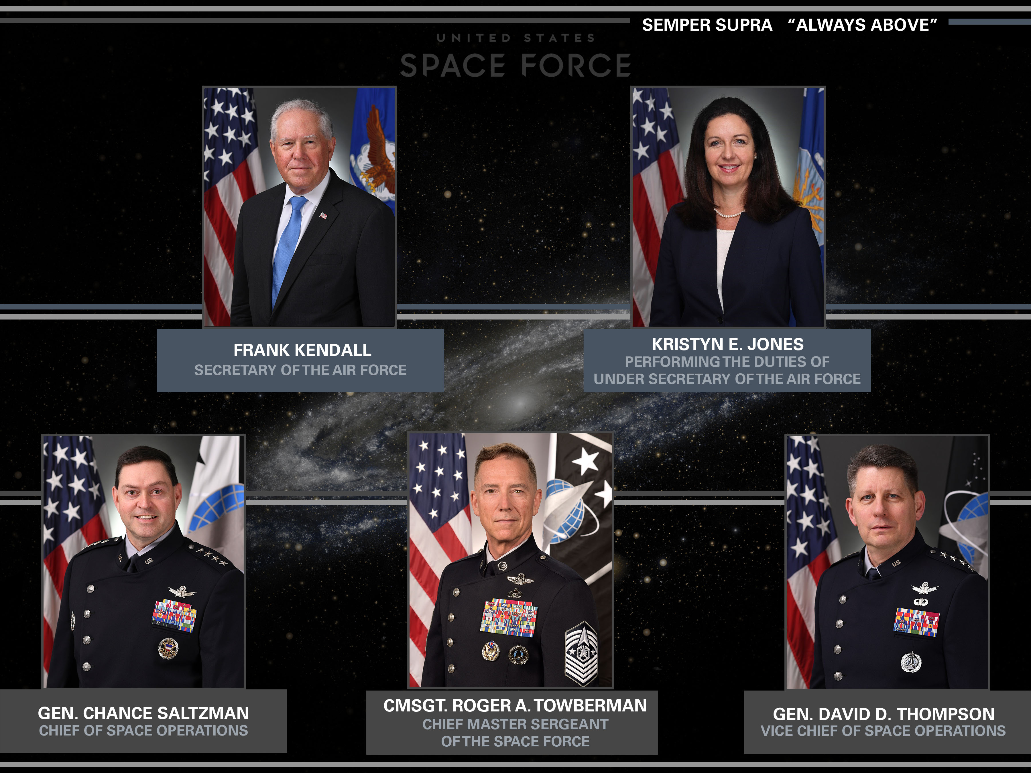 A graphic depicting the top three Space Force military leaders and emblem of Office of the Secretary, US Air Force