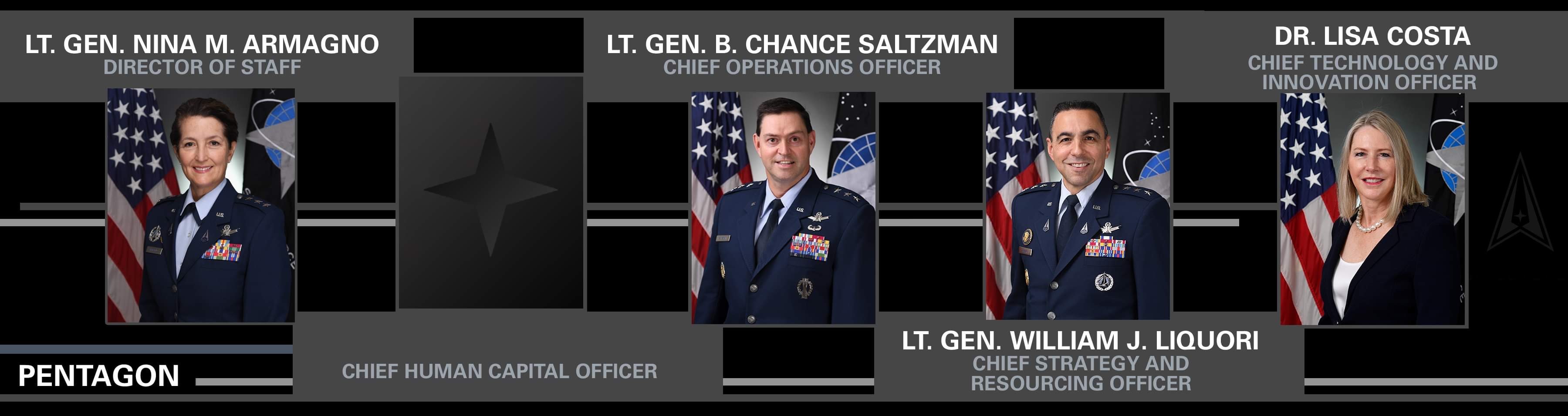A graphic displaying portrait photos of five Space Force staff leadership