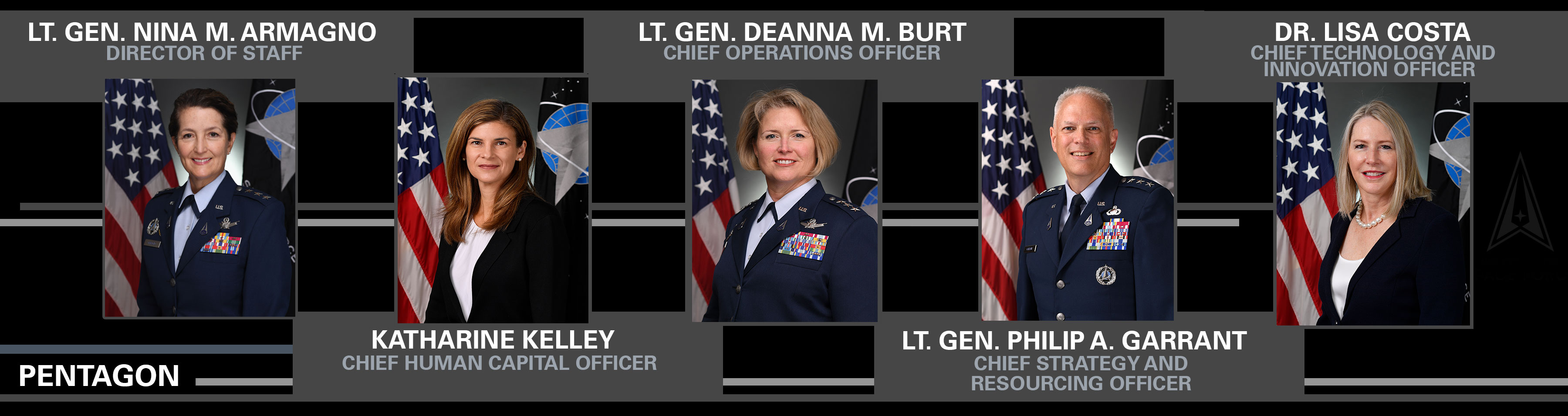 A graphic displaying portrait photos of five Space Force staff leadership