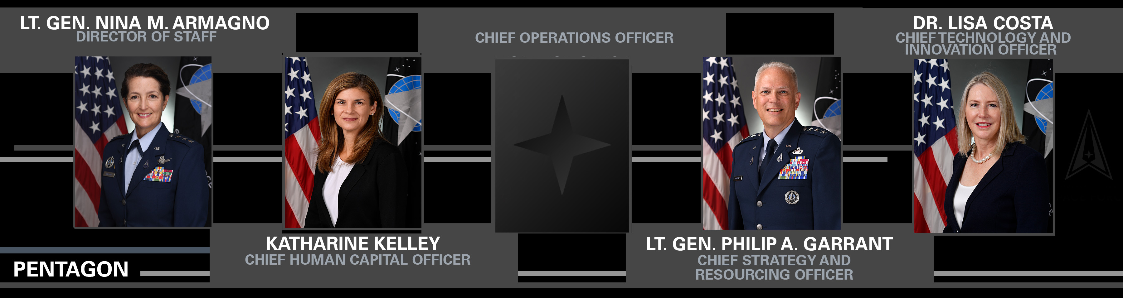 A graphic displaying portrait photos of five Space Force staff leadership