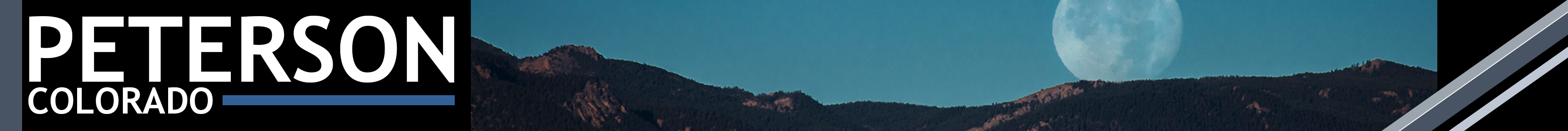 A graphic depicting a mountain range with the moon above it, with the text "Peterson, Colorado"