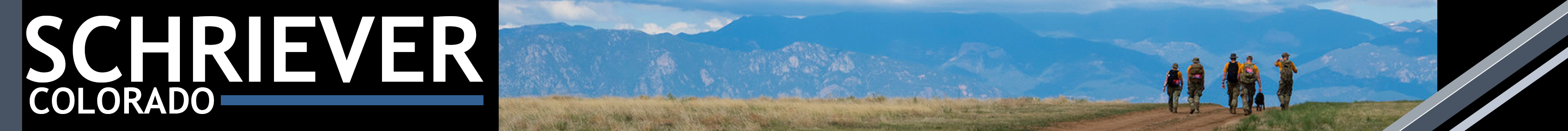 A graphic depicting a group of people walking in an open field at a mountainous area, with a text that reads "Schriever, Colorado"